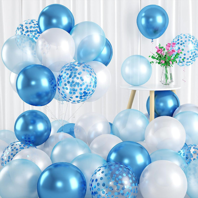 Blue Confetti-Chrome White Helium Balloons