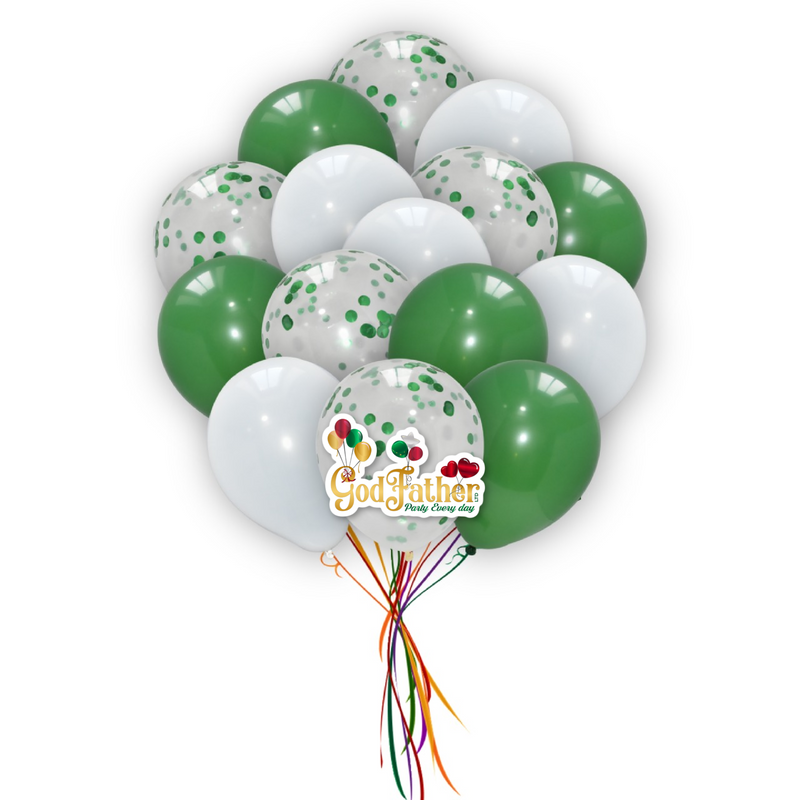 Green Confetti-Plain Green- White Balloons