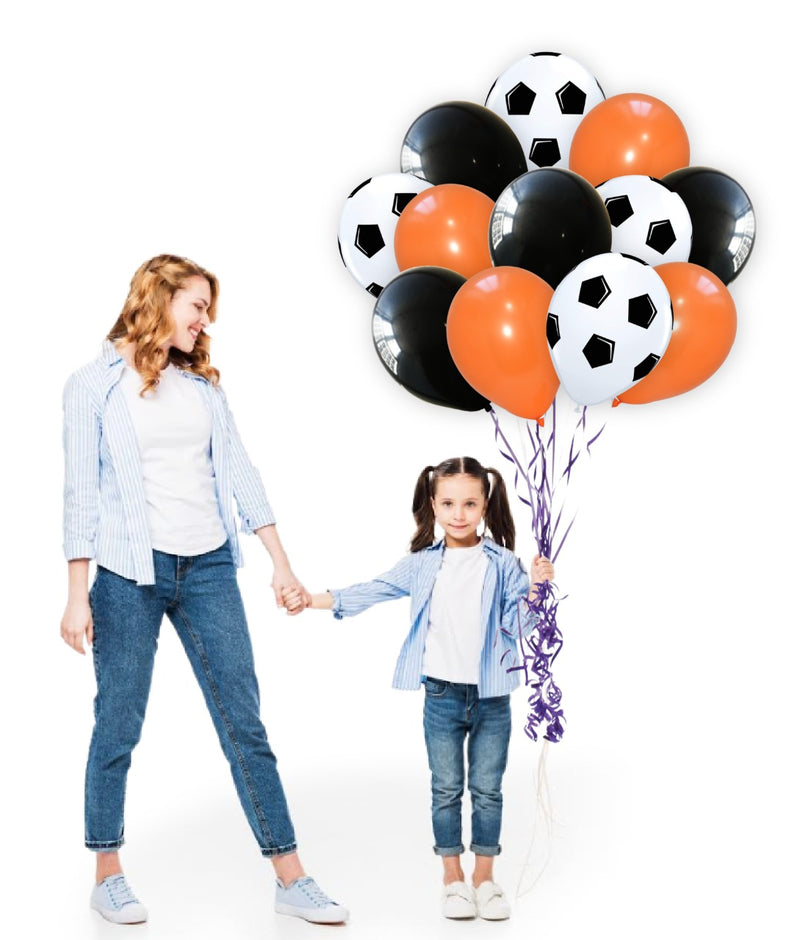 White Football Print and Black-Orange Balloons for party decoration