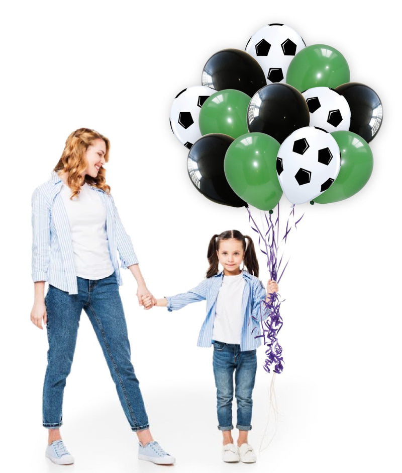 White Football Print and Black-Green Balloons for party decoration