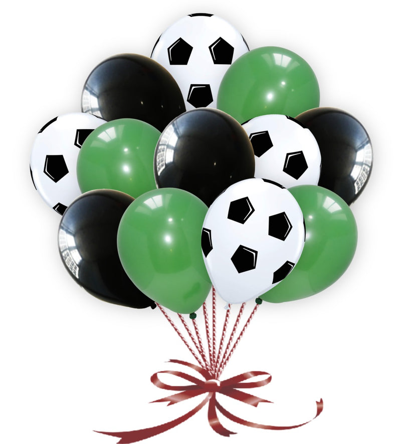 White Football Print and Black-Green Balloons for party decoration