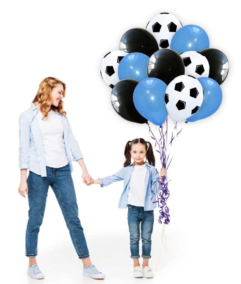 White Football Print and Black-Blue Balloons for party decoration