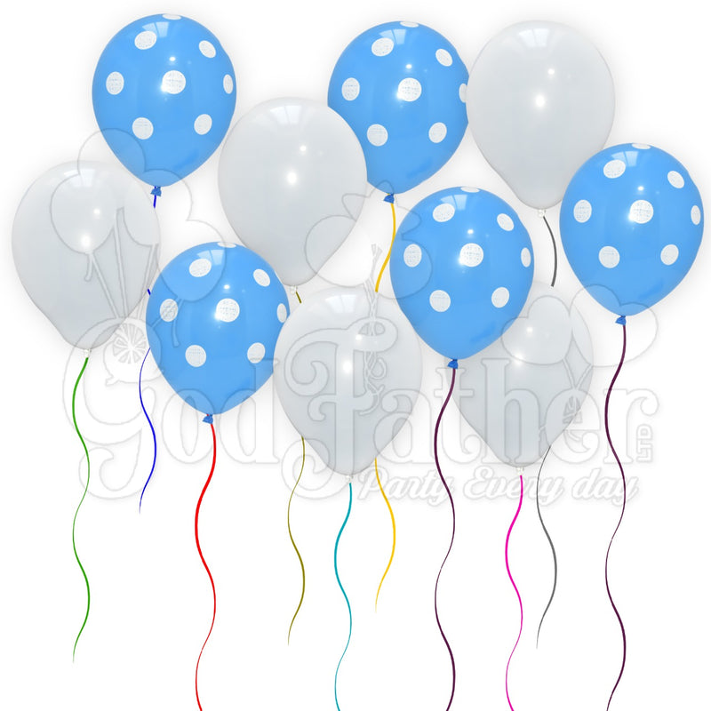 Blue Polka Dot  and White Plain Balloons Set