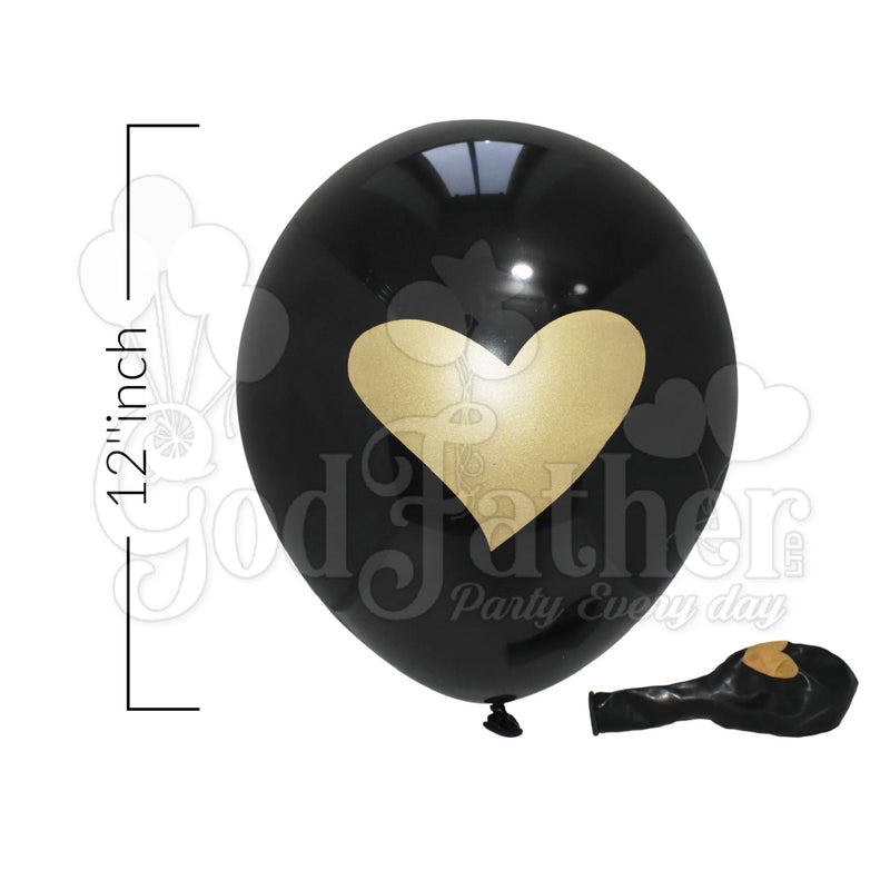 Black Plain Balloon with Golden Heart Print, Black Balloons, heart printed balloons, birthday balloons in uk, party decorations items in uk, party supplies in uk, party supplier in uk, party decoration uk